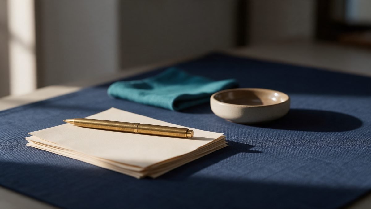 A brass pen resting on stacked blank paper sheets on a navy desk mat, lit by soft warm side light.