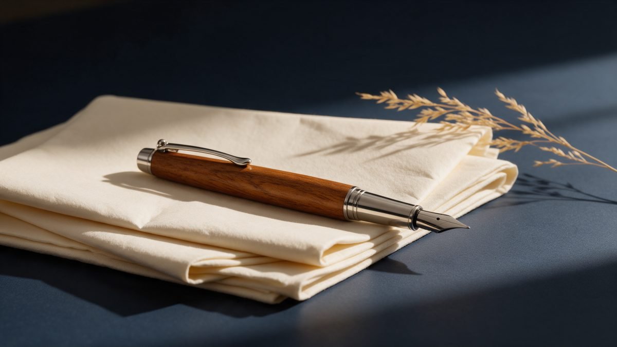 A wooden fountain pen on folded cream paper over a navy desk, lit by warm raking light.