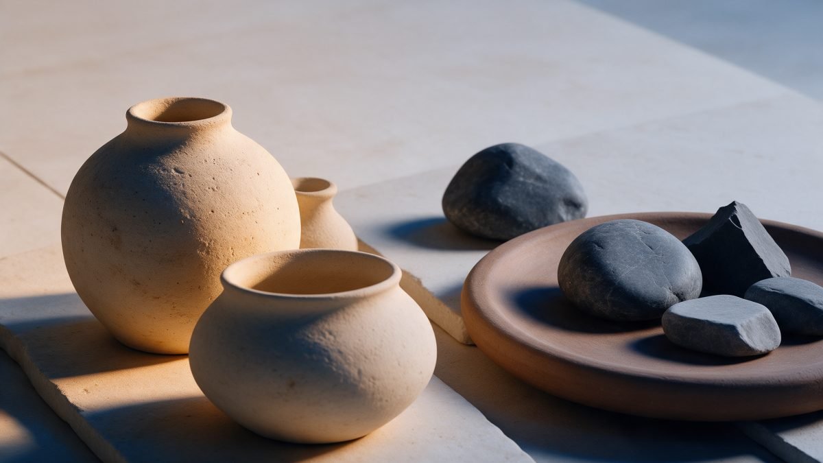 De petits vases en céramique claire et des galets lisses disposés sur un plateau rond, doucement éclairés dans des tons chauds et froids.