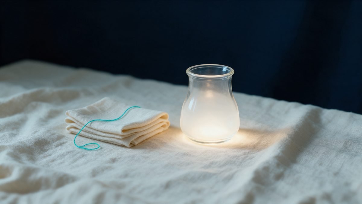 A clear glass vessel filled with soft warm light on cream linen, beside a folded cloth with a teal thread.