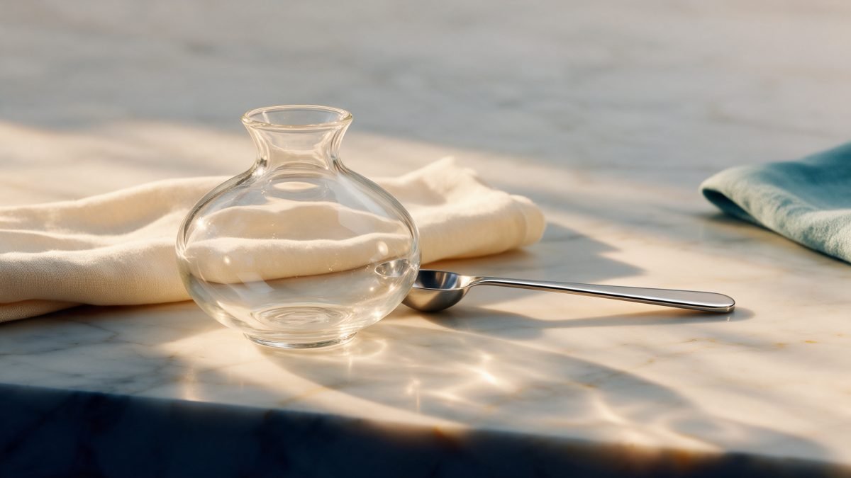 Un vase en verre et une cuillère en acier poli sur du marbre clair avec du lin plié, éclairés par une lumière dorée chaude.