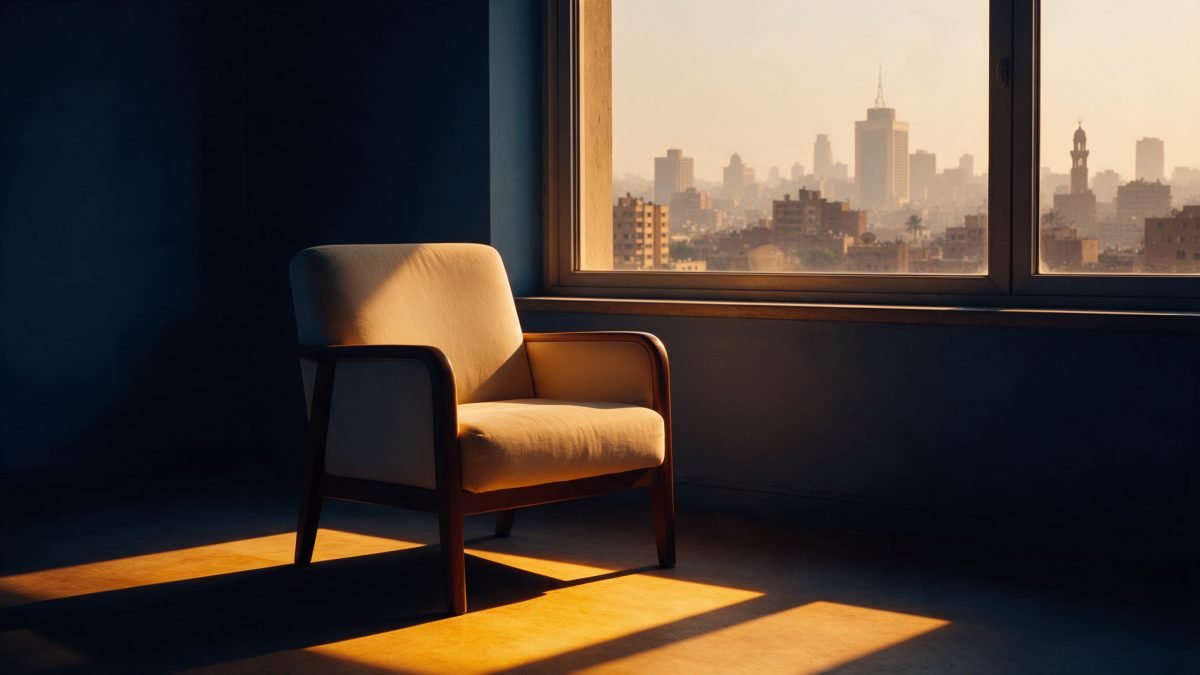 An empty armchair beside a window overlooking a hazy Cairo skyline at golden hour