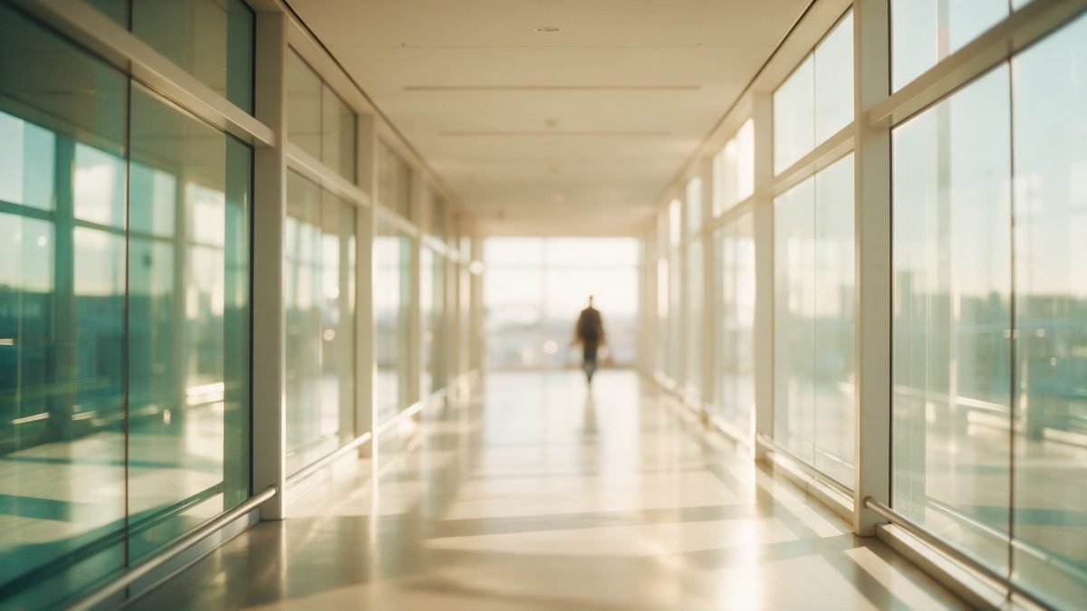 A sunlit airport departure corridor with warm golden light on polished floors
