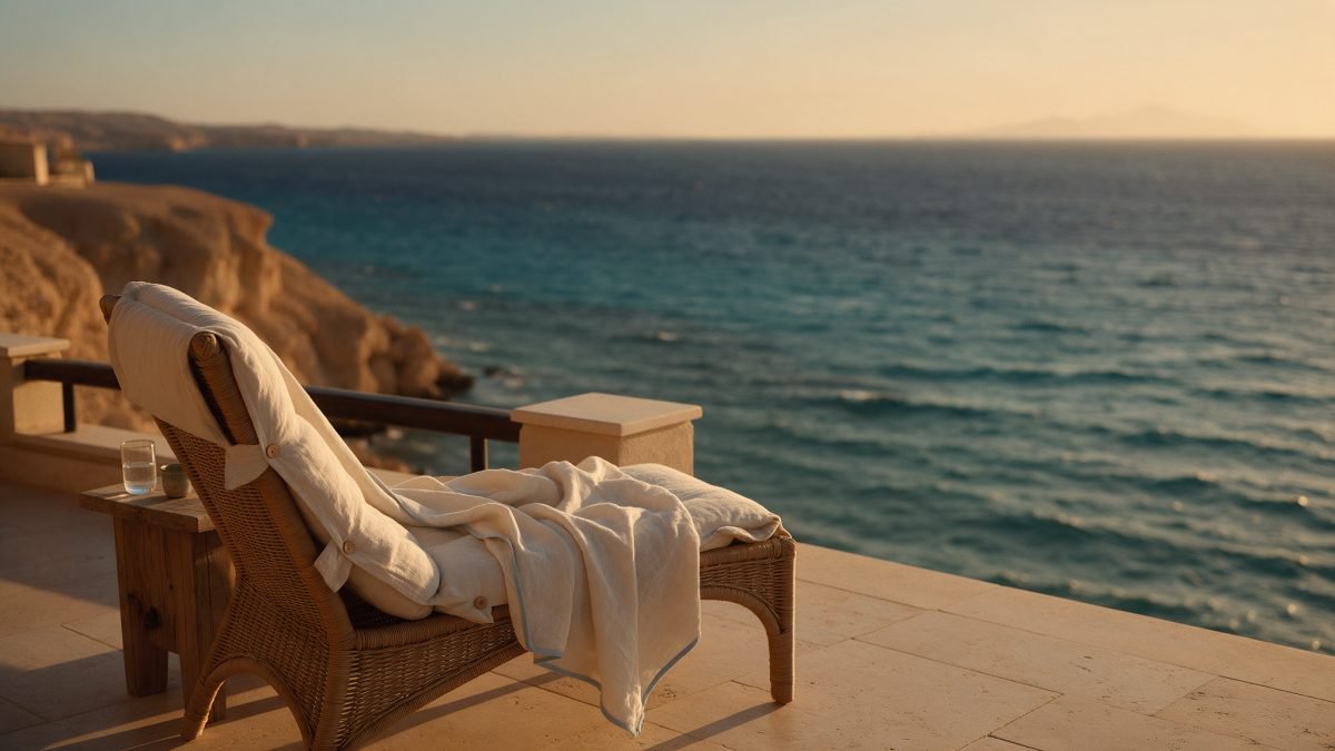 An empty rattan lounge chair on a hotel terrace overlooking the teal Red Sea at golden hour.