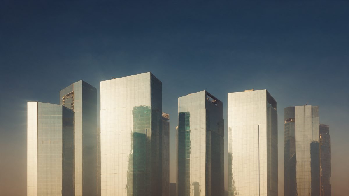 Modern glass towers in Cairo rising through a warm golden haze