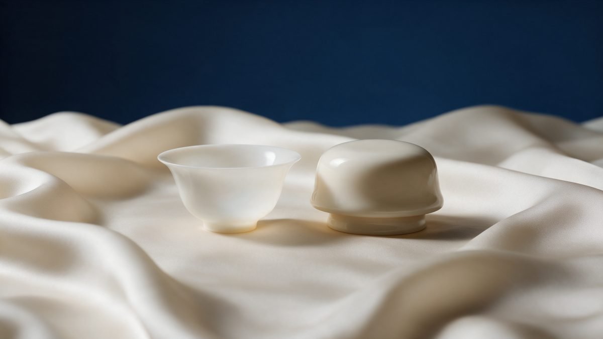 A thin translucent porcelain shell beside a sturdier rounded ceramic cap on cream silk, softly lit.