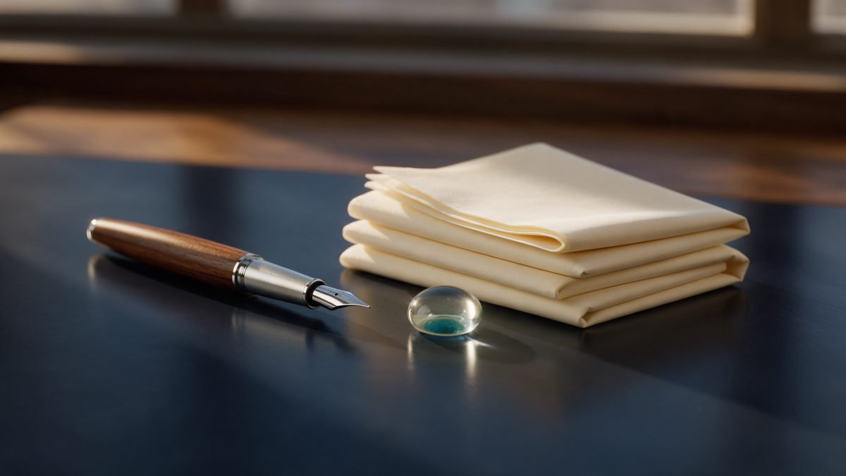 A fountain pen beside neatly folded paper squares on a dark desk, lit by warm side light.