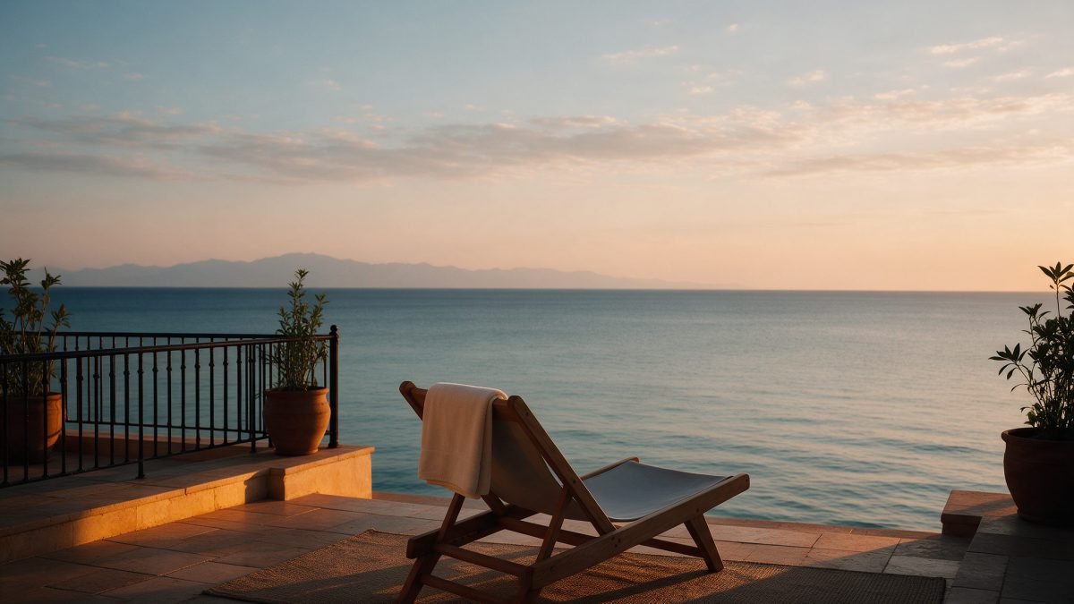 An empty wooden lounge chair with a folded towel on a terrace overlooking the Red Sea at dawn.
