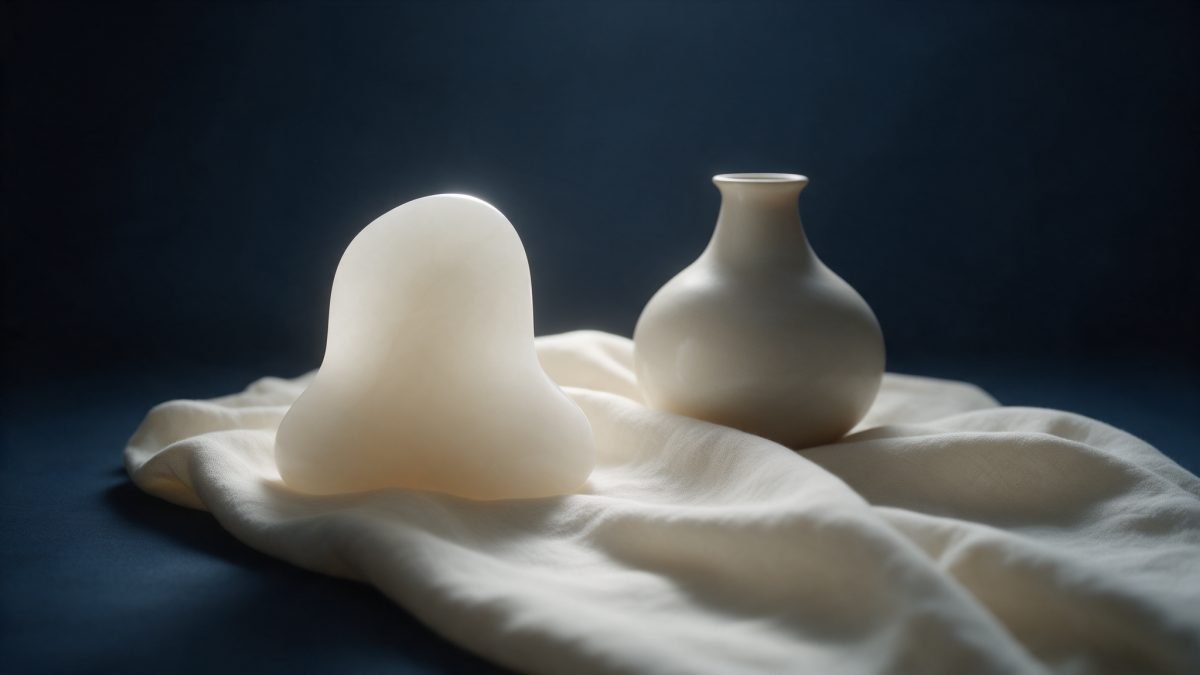 A smooth pale alabaster form beside a matte ceramic vessel, gently backlit against a soft navy background.