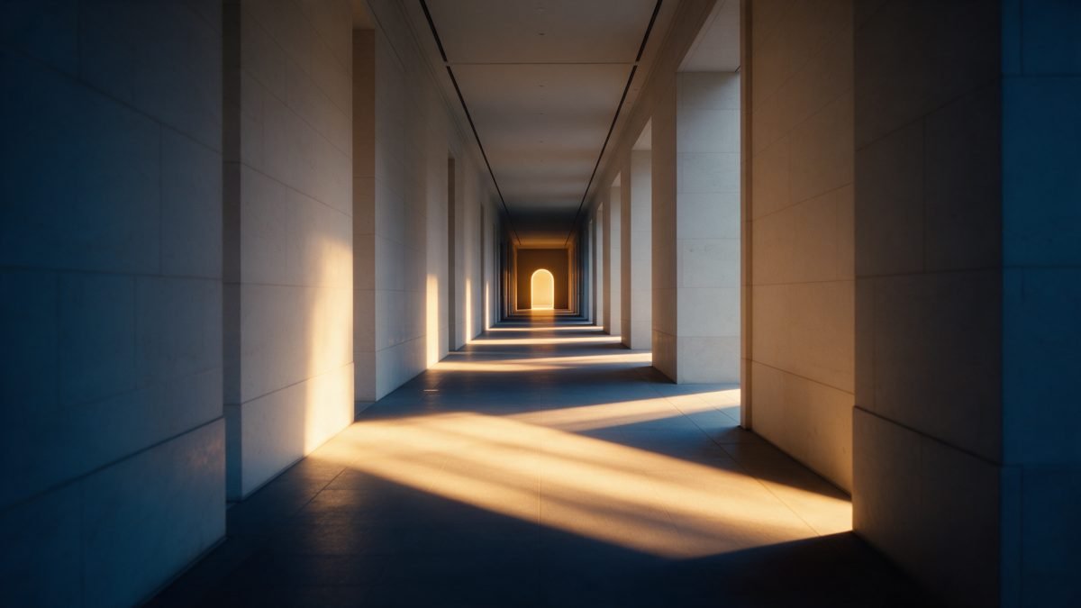 A calm corridor of light inside a modern pale-stone building