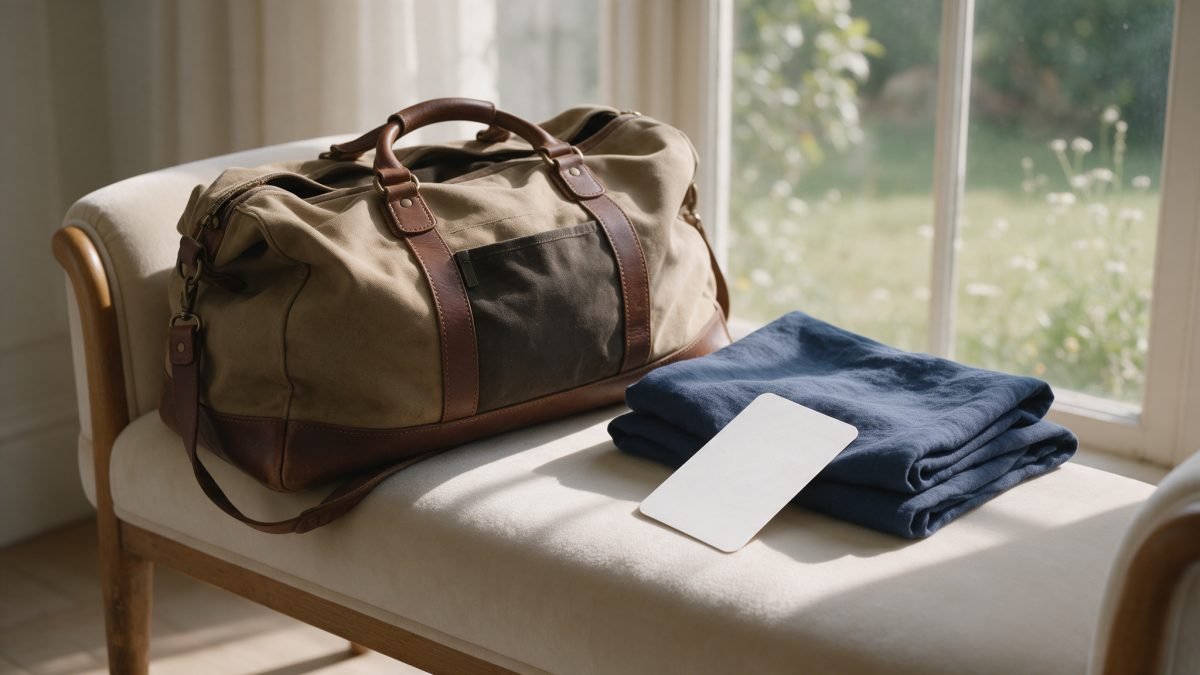Un sac de voyage en toile préparé sur un banc près d'une fenêtre ensoleillée, avec une carte vierge glissée à côté.