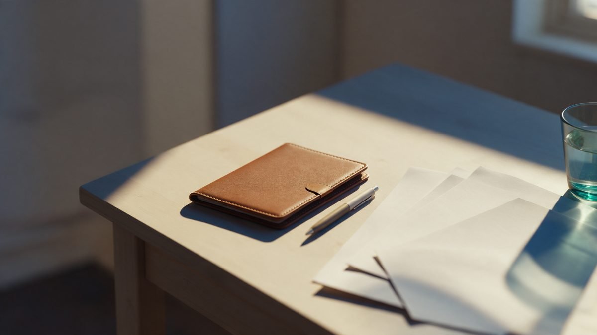 A passport-shaped leather folder and pen on a desk beside blank paper forms in warm morning light