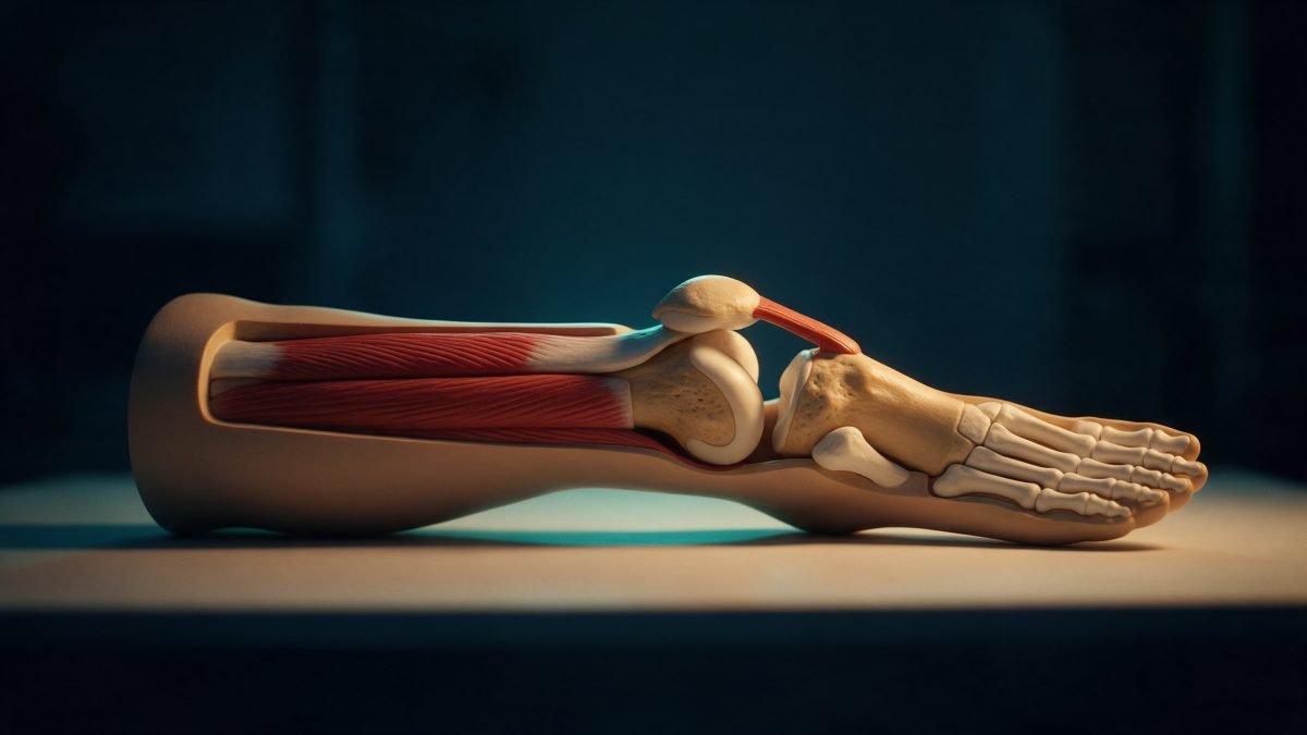 An anatomical leg model lit in warm gold and teal tones on a plain surface