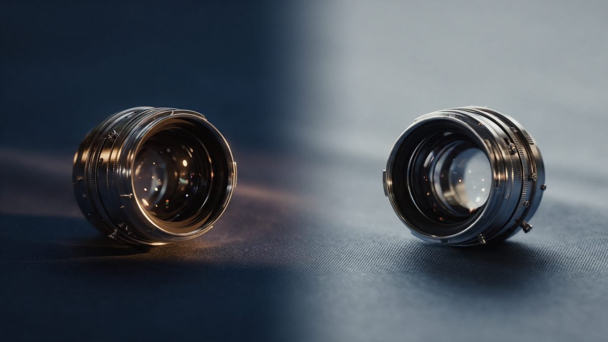 A split composition of an optical lens in warm golden light on one side and cooler neutral light on the other.