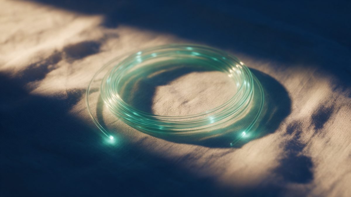 A coiled length of fine optical fibre glowing teal on plain white linen