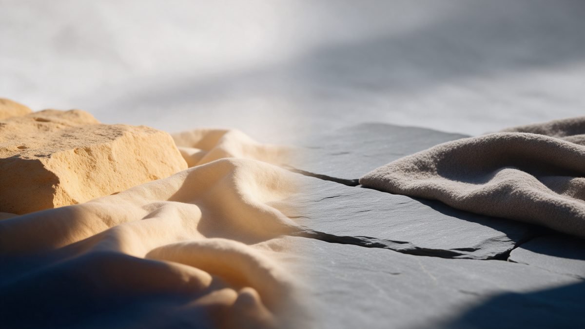 A two-tone composition of warm light over sandstone on one side and cool light over slate on the other.
