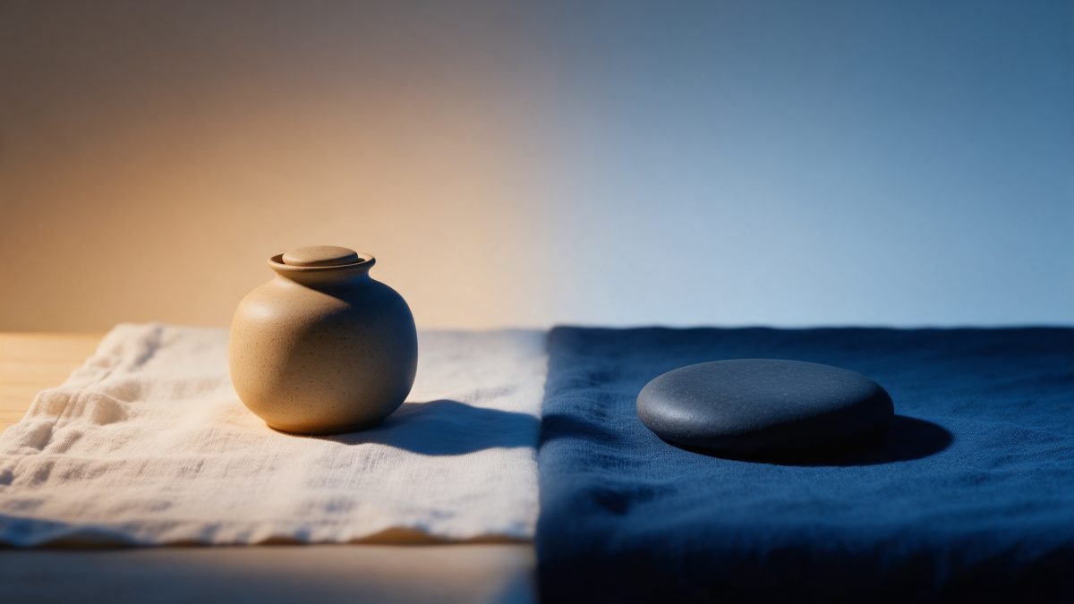 A two-tone composition of warm amber light over cotton and ceramic on one side and cool slate light over stone on the other.