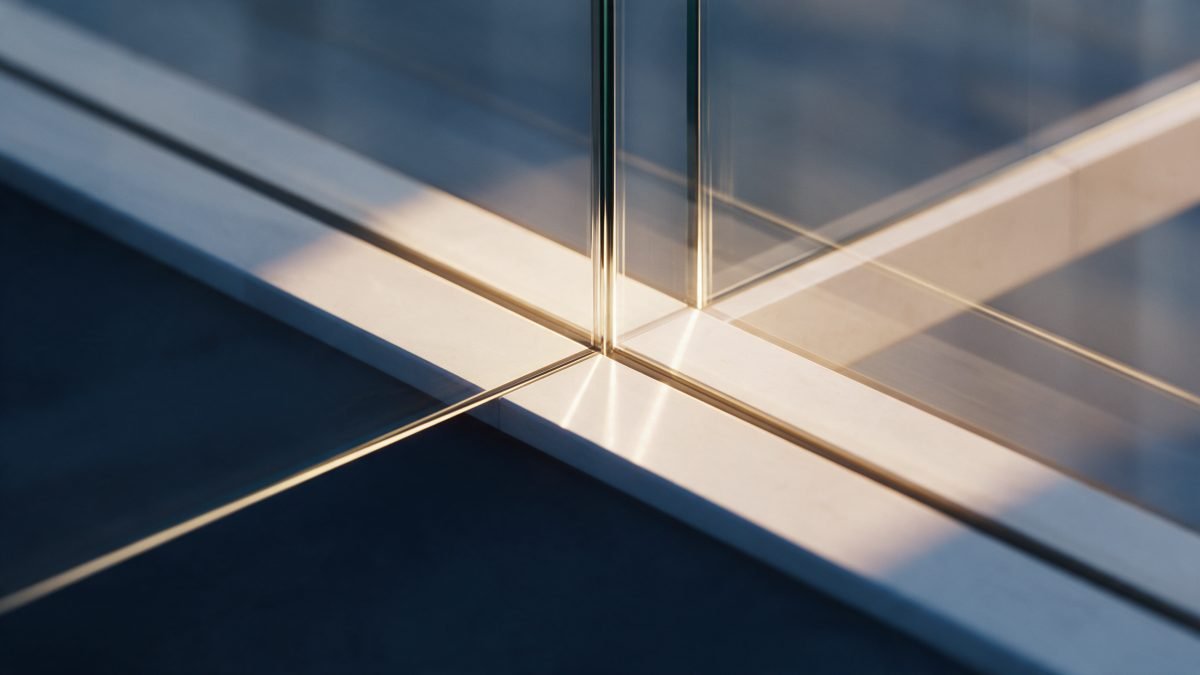 Precise architectural geometry of layered glass and pale stone in warm light