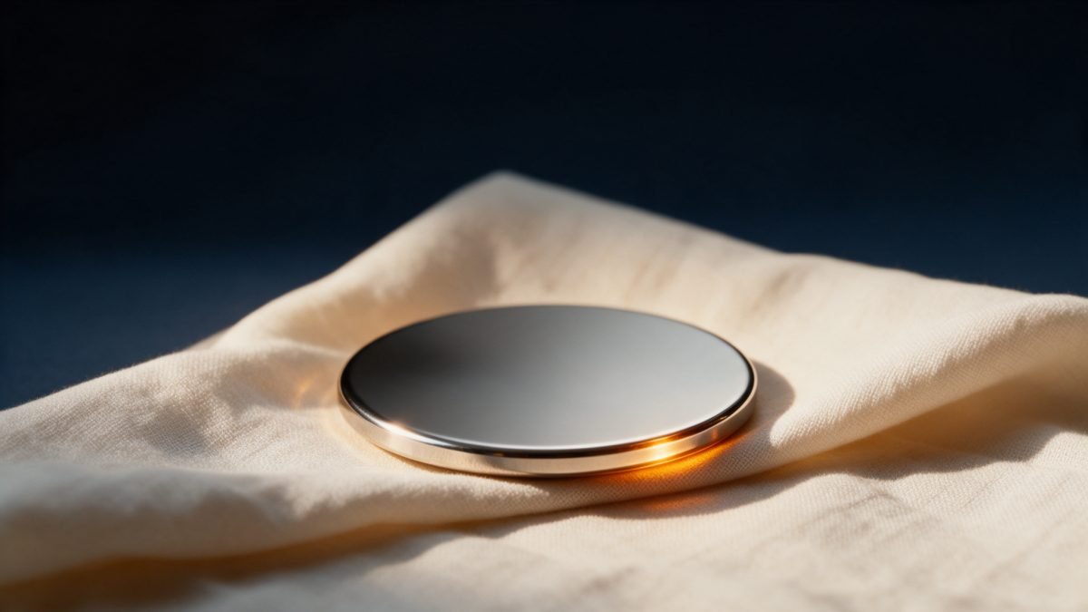 A polished steel disc on folded cream linen with a warm amber highlight along its rim.
