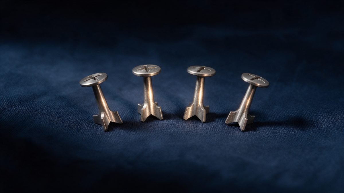 Four small titanium anchors arranged in an arc on dark navy fabric with a single warm highlight.