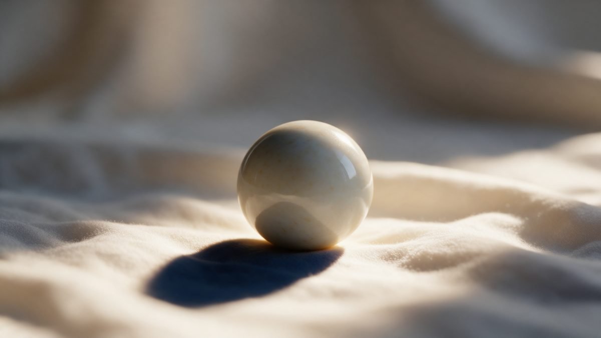 A single smooth porcelain sphere on cream fabric, wrapped in warm backlight with deep navy shadow beneath.