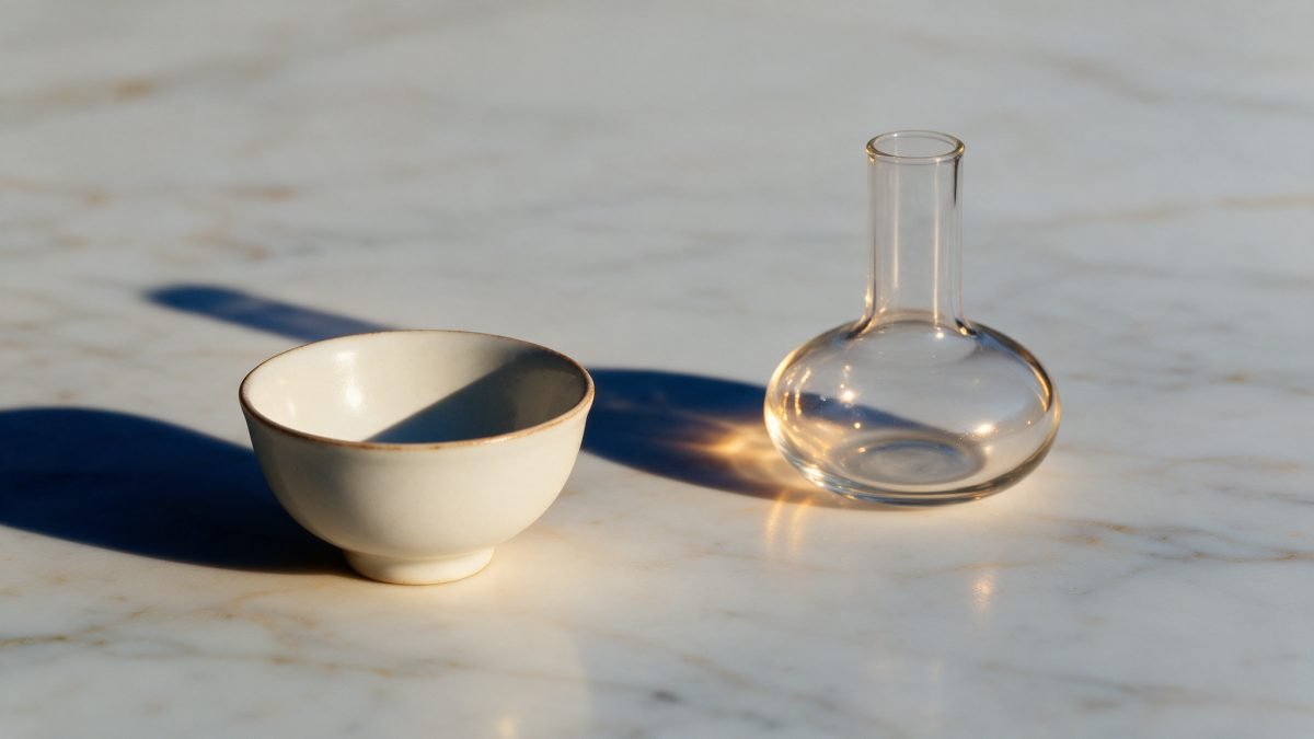Un petit bol en porcelaine à côté d'un vase en verre transparent sur du marbre clair, effleuré par une lumière dorée chaude.