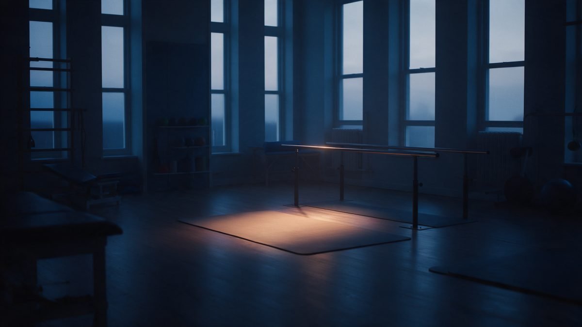An empty physiotherapy studio at dawn with soft light on a plain exercise mat