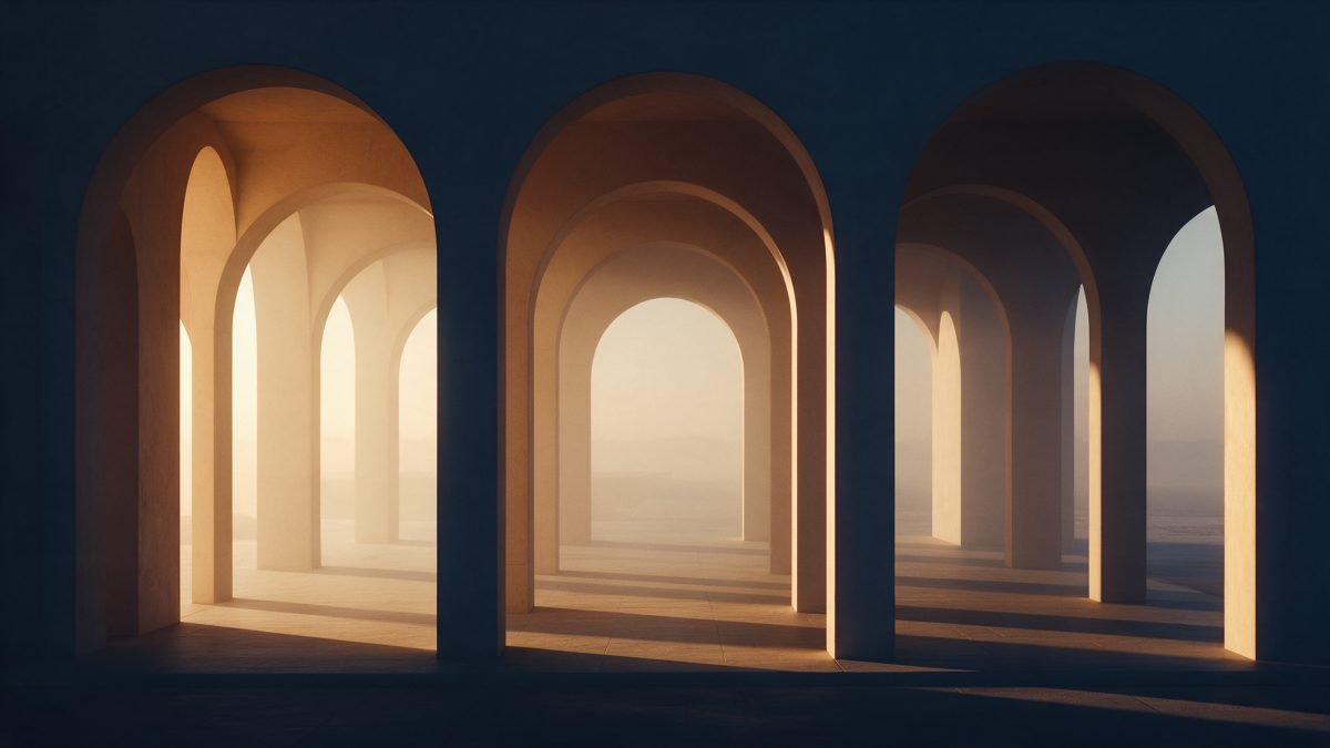 رواق واسع بأقواس متداخلة يمتد نحو ضباب ذهبي