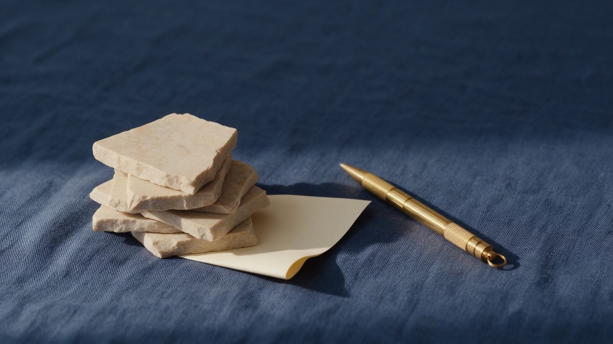 De petites dalles de pierre claire empilées à côté d'un stylo en laiton sur du lin bleu marine, éclairées par une lumière latérale chaude.