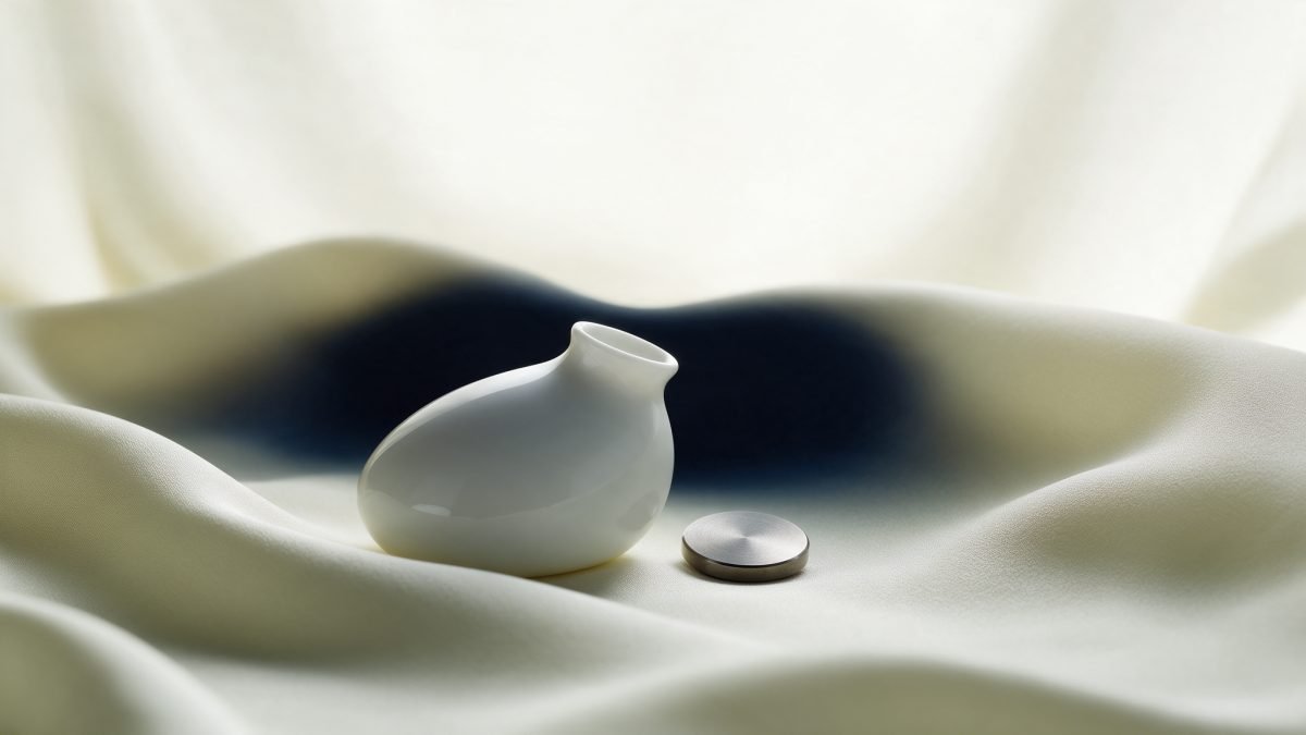 A smooth white porcelain form beside a small titanium disc on cream fabric, gently backlit.