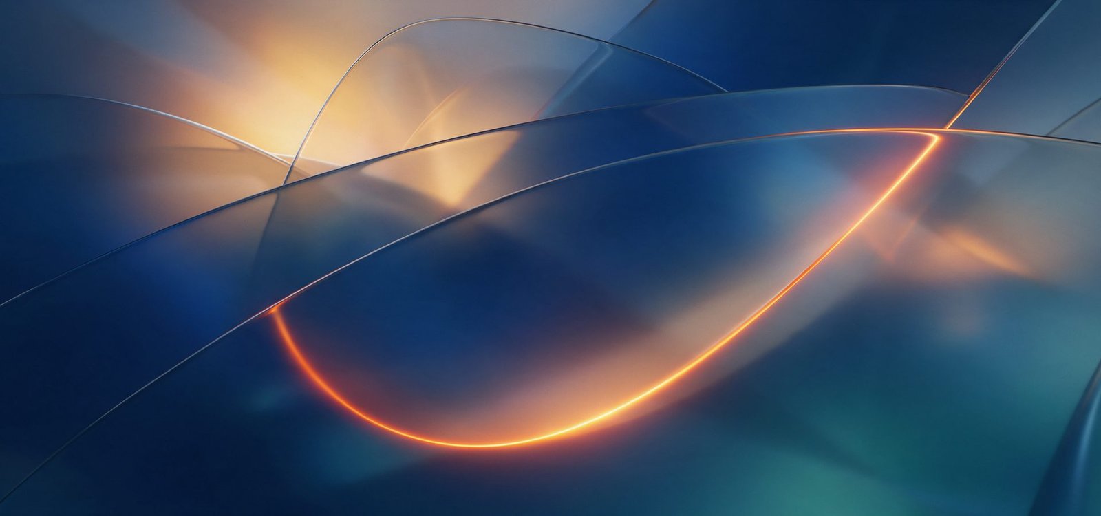 Abstract artwork of layered translucent glass planes with warm light bleeding between them, navy to teal, with an orange edge glow