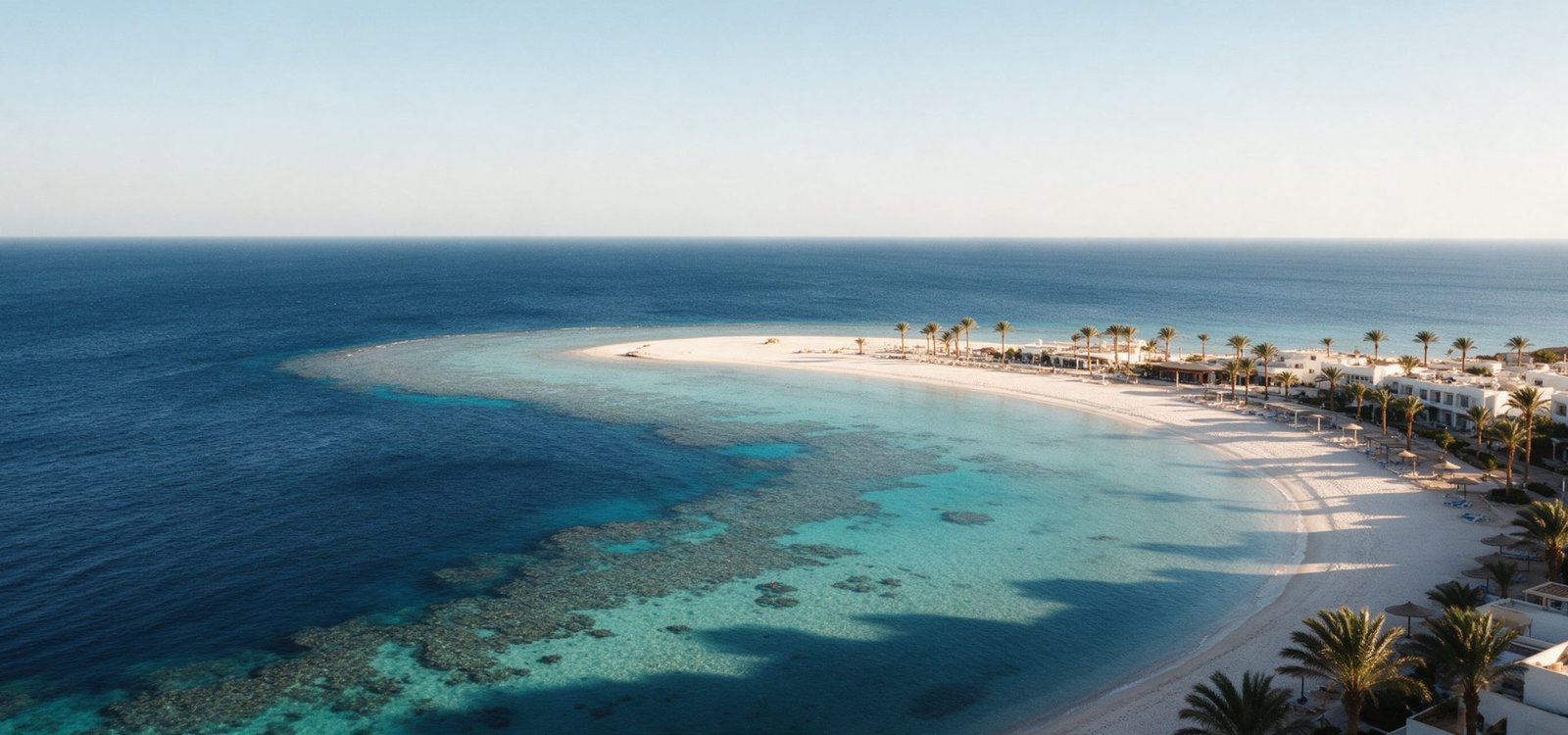 Aerial view of the Naama Bay coastline at Sharm El Sheikh, turquoise reef water shading to deep blue beside a white sand crescent