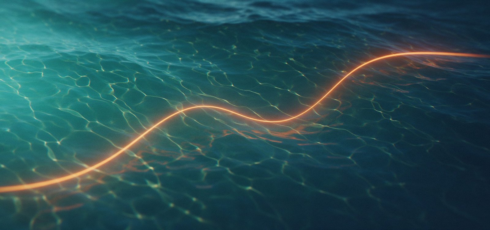 Abstract artwork of liquid light and caustic ripples on deep teal water with a single sweeping orange arc crossing the frame