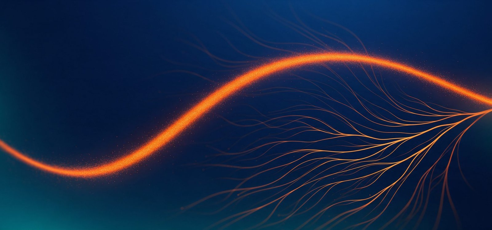Abstract navy and teal artwork with fine branching filament lines and a single sweeping orange arc, the CURE PASS journey line