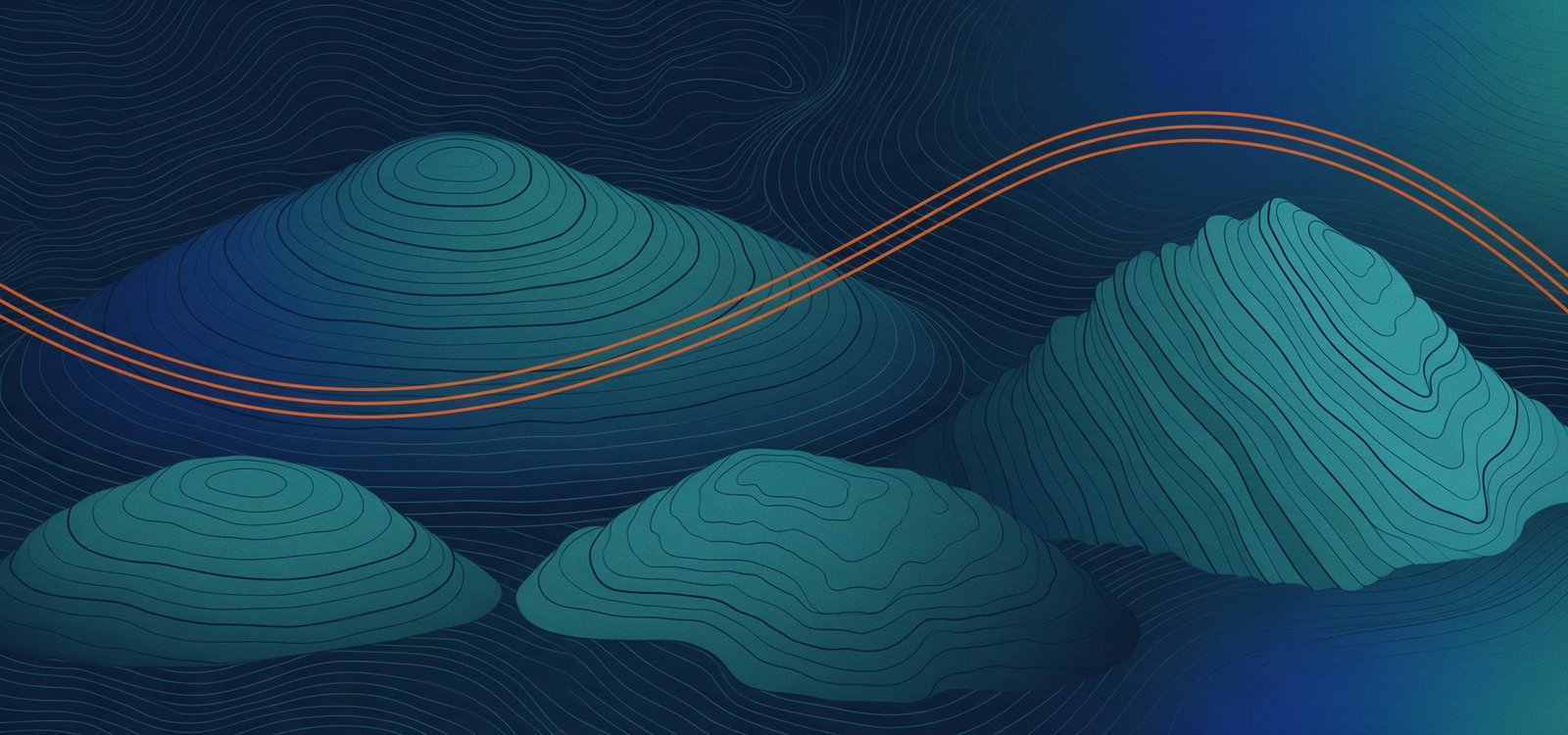 Abstract artwork of fine-line topography with concentric navy and teal contour ridges and a single sweeping orange arc
