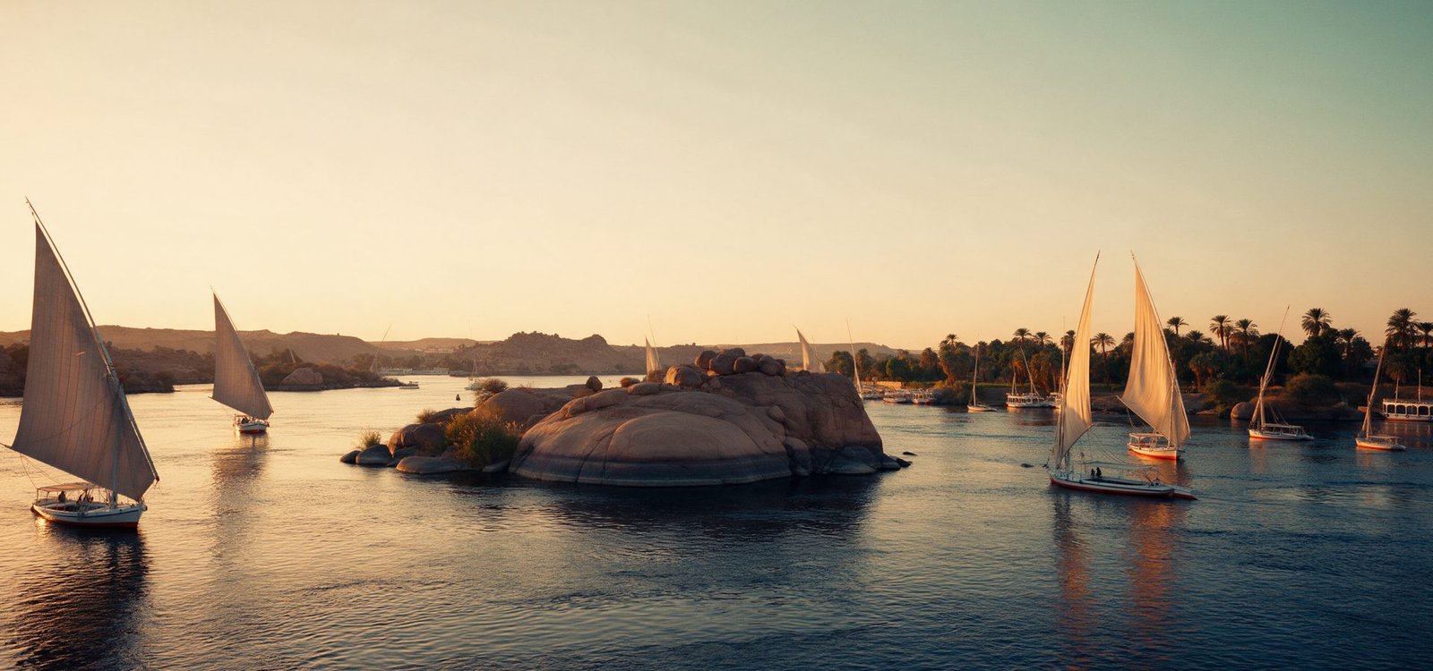 The Nile at Aswan in golden hour, traditional feluccas with white sails passing smooth granite islands along a palm-lined bank