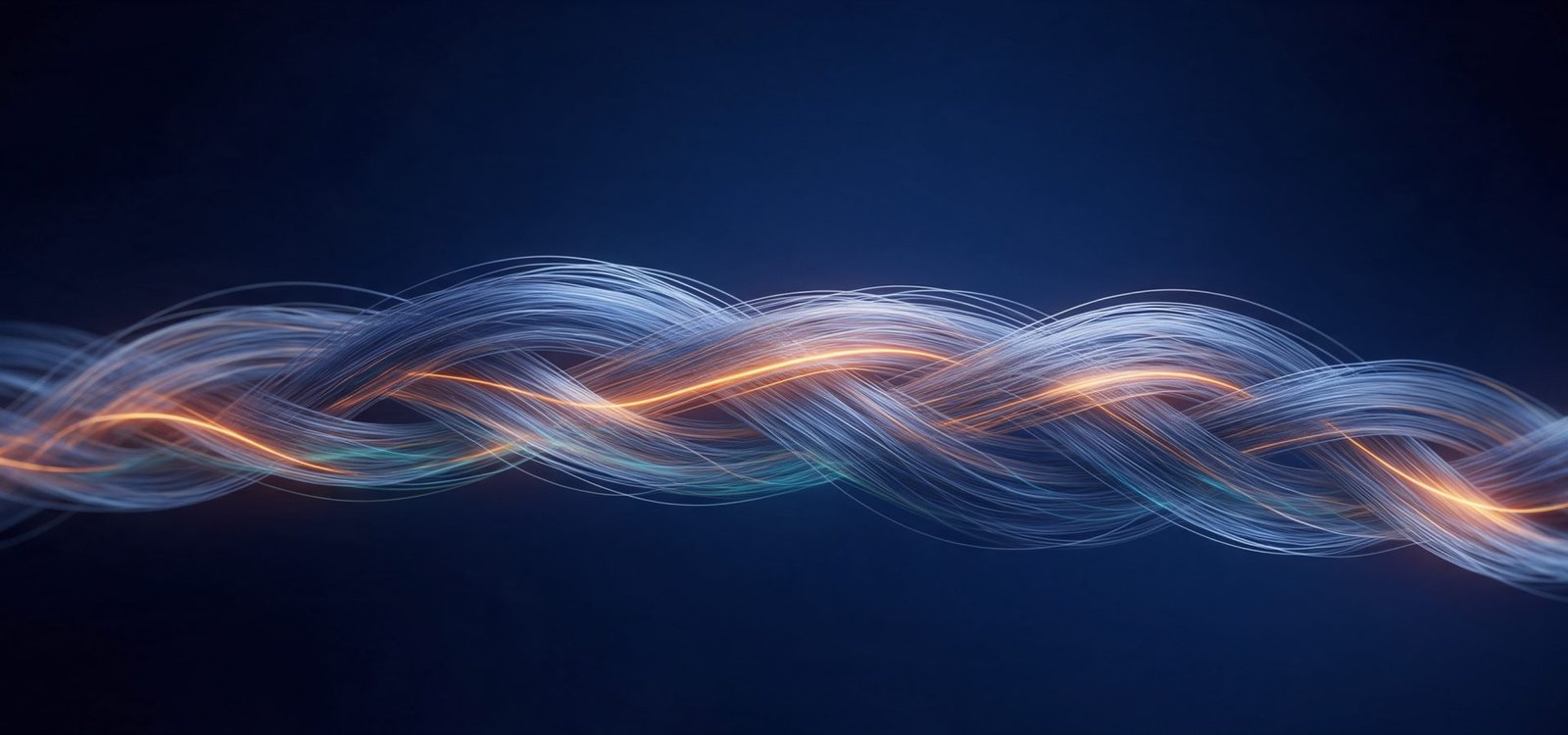 Abstract artwork of fine interwoven strands of light forming a soft braid across a navy field, with a warm orange highlight running through it