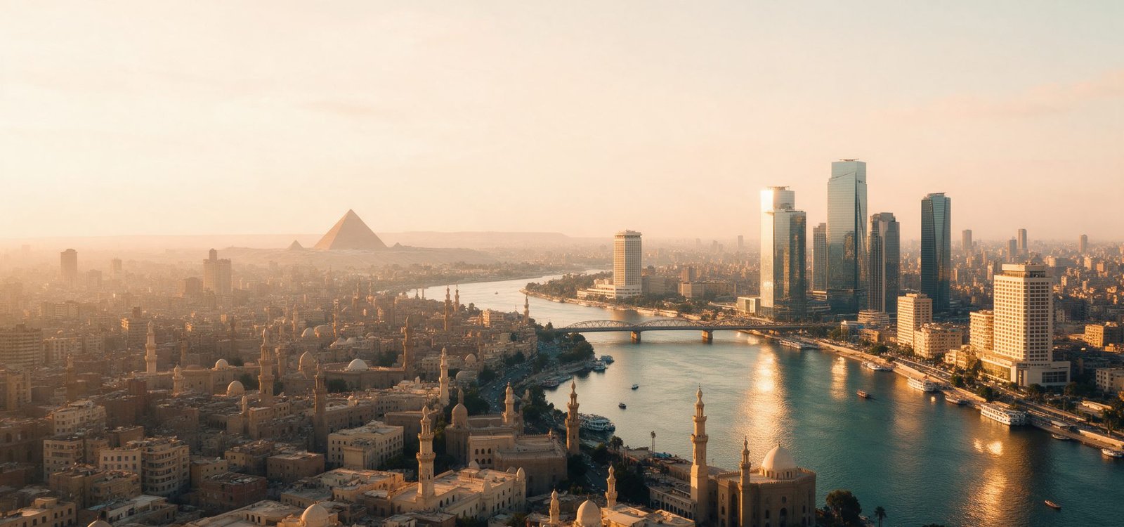 Cairo seen from the air at golden hour, the Nile curving through the city with the pyramids of Giza faint on the horizon