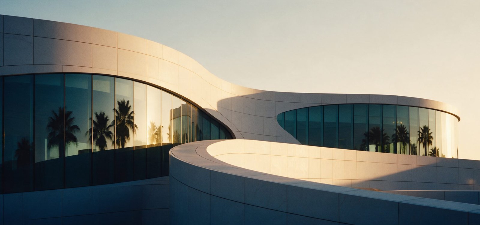 Abstract modern architecture at golden hour, a curved glass and pale stone facade with palm trees reflected in the glass