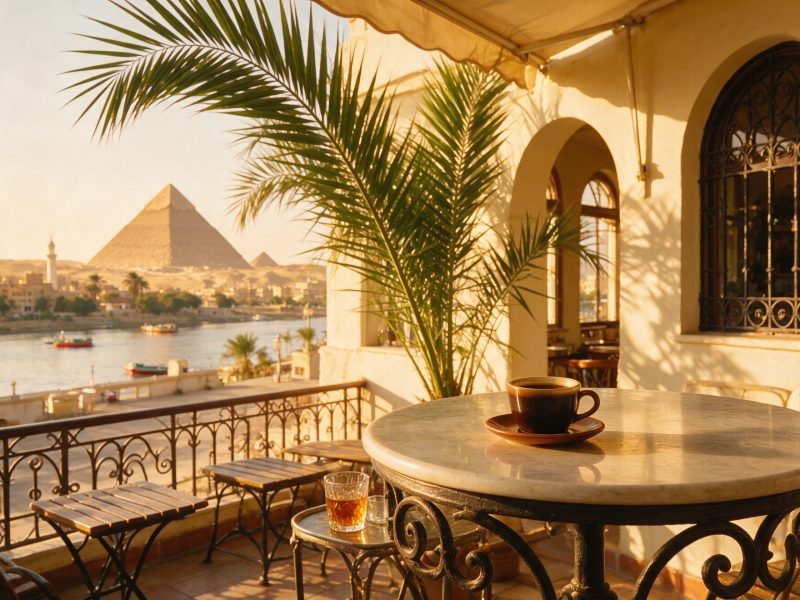 A café terrace in Cairo at golden hour with a coffee cup on a marble table under dappled palm-frond light