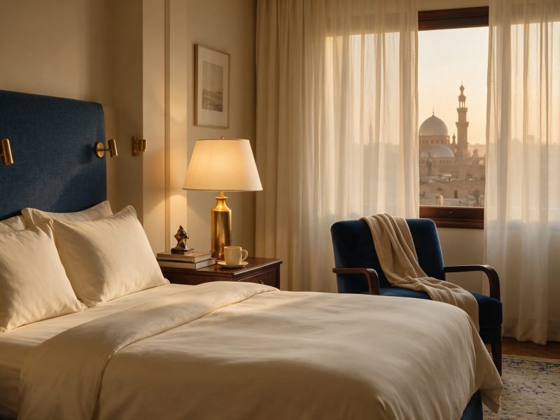 Un détail élégant d'une suite d'hôtel au Caire, linge impeccable et lampe en laiton sous une lumière chaude du soir filtrée par des rideaux légers