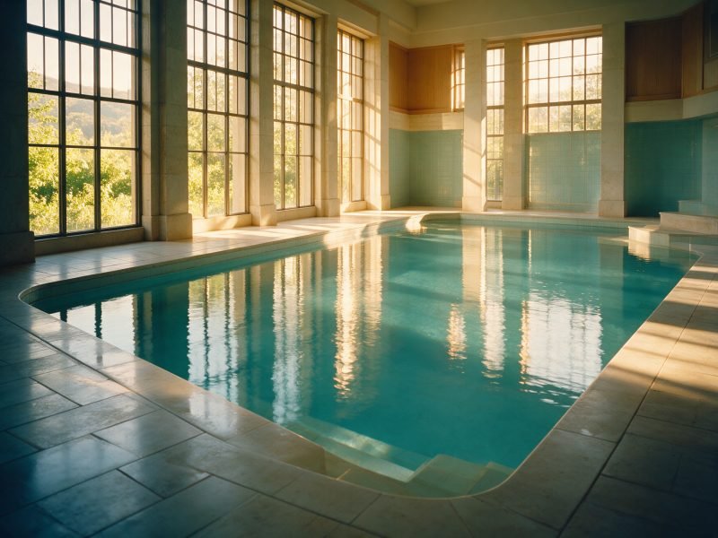 Une piscine de rééducation intérieure paisible, eau turquoise immobile et bords en pierre claire sous de hautes fenêtres