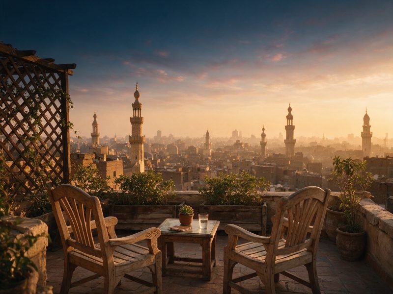 A rooftop terrace in Cairo at golden hour with two empty chairs and minarets in the hazy skyline beyond