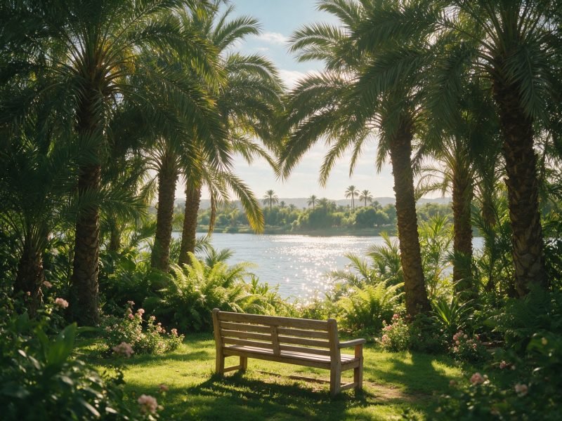 A quiet Nile-side garden with a wooden bench beneath palm trees in soft green and gold light