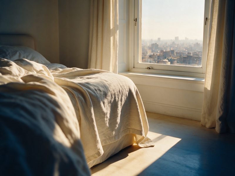 A bright hotel room window in Cairo with morning light falling across a pale floor and the hazy city beyond