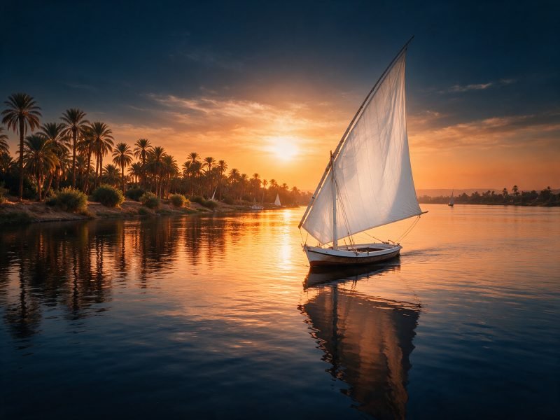 فلوكة بشراع أبيض على نهر النيل عند الغروب، مياه صافية كالمرآة وضفة مصطفة بالنخيل