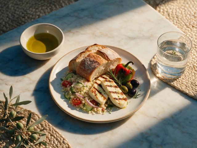 A small Mediterranean plate on pale marble with olive oil, fresh greens and a glass of water, seen from above