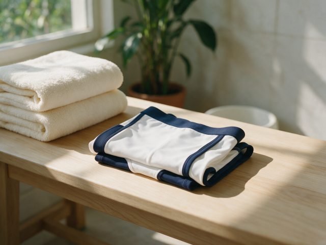A folded compression garment and stacked cream towels on a pale wooden bench in soft morning light