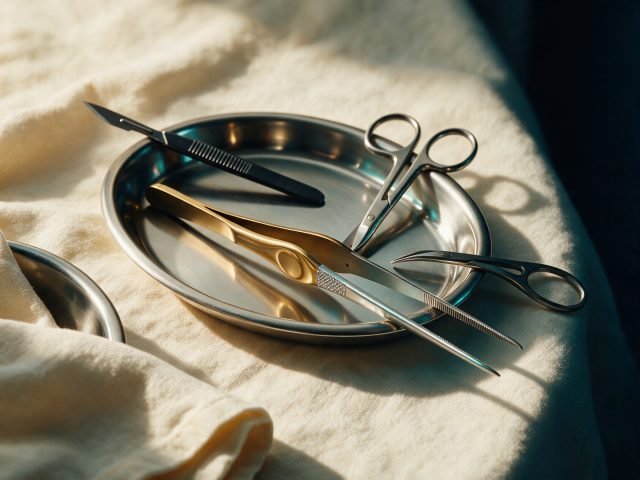 Precision micro-surgical instruments laid on a steel tray over warm cream linen, lit by soft window light