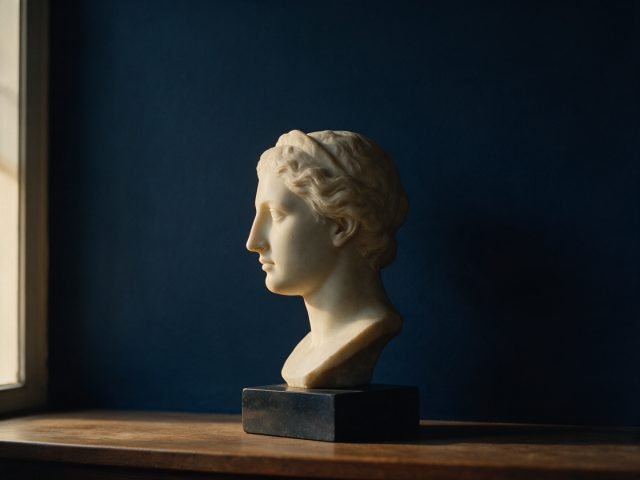 A classical pale marble bust in profile lit by soft window light against a deep navy wall